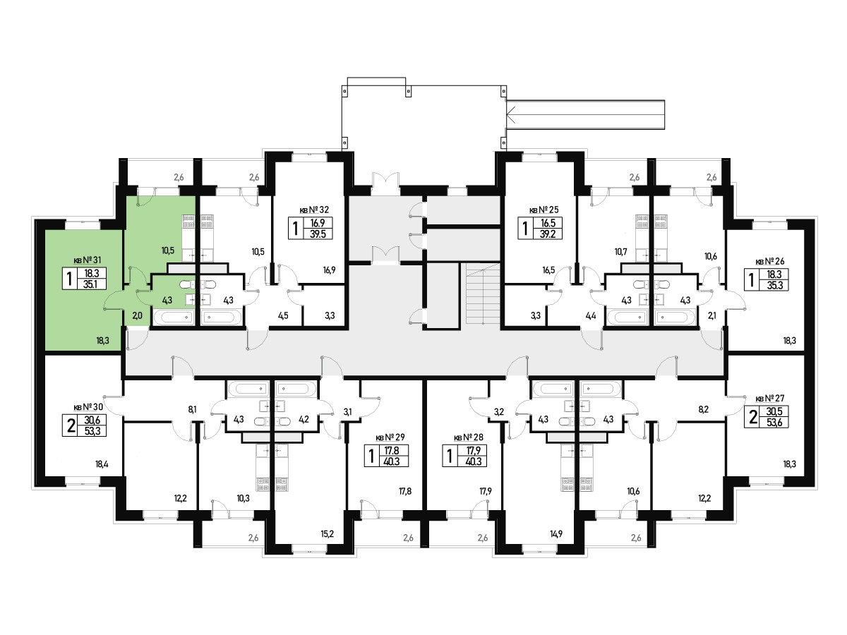 Однокомнатная квартира 35 м² №31 улица Генерала Донскова, дом 27, корпус 4  купить по цене 5330300 от застройщика в ЖК Борисоглебское деревня Зверево